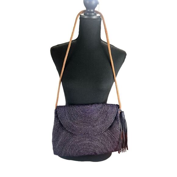Mar Y Sol Leah Shoulder Bag Purse Raffia purple Tassel Braided Strap beach - Picture 1 of 5